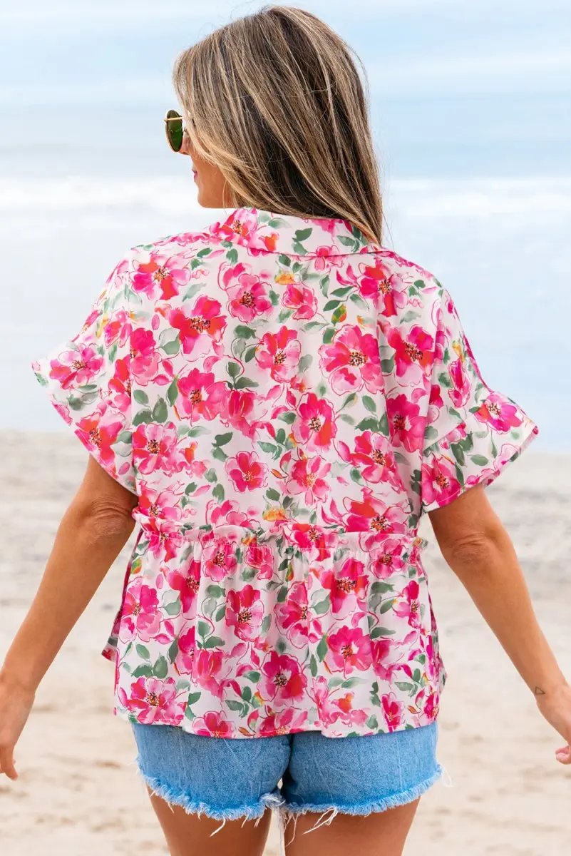 Pink Floral Boxy Fit Ruffled Short Sleeve V Neck Blouse - Love Salve
